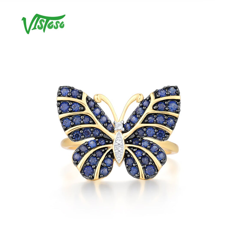 9K Yellow Gold Lab Created Sapphire and Topaz Butterfly Ring for Women