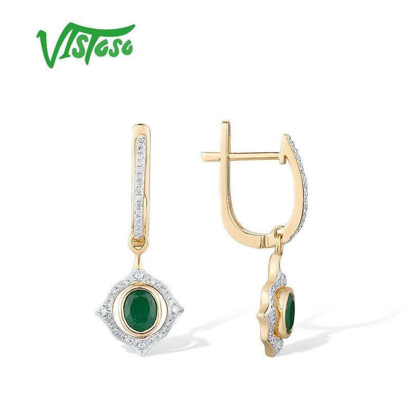 14K Yellow Gold Emerald Sparkling Diamond Earrings for Women