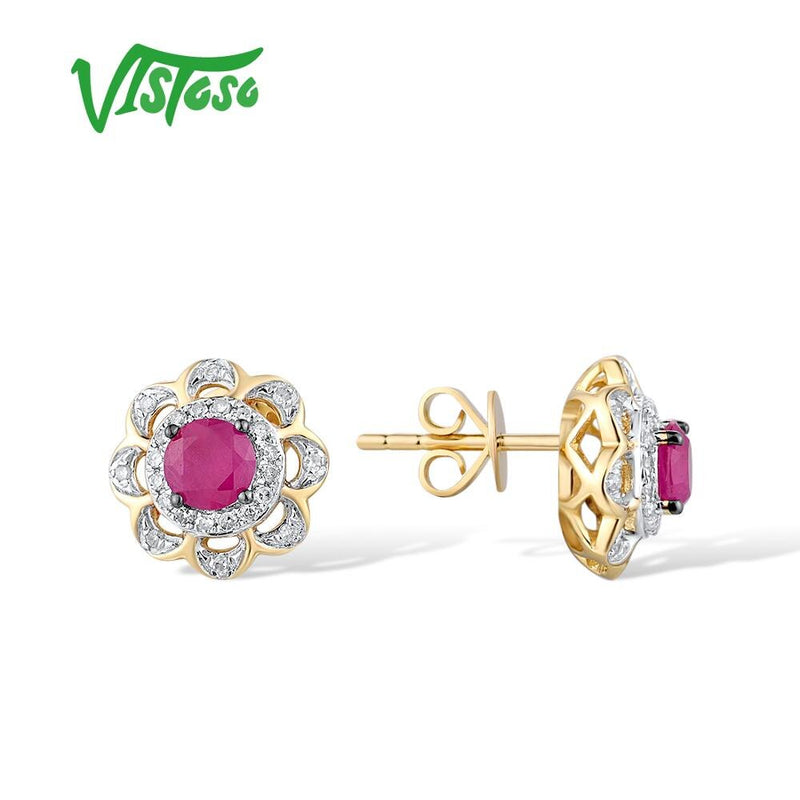 14K Yellow Gold Ruby Diamond Stud Earrings for Women