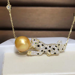 925 Sterling Silver Natural Freshwater Golden Pearl 10mm Leopard Pendant Necklace for Women