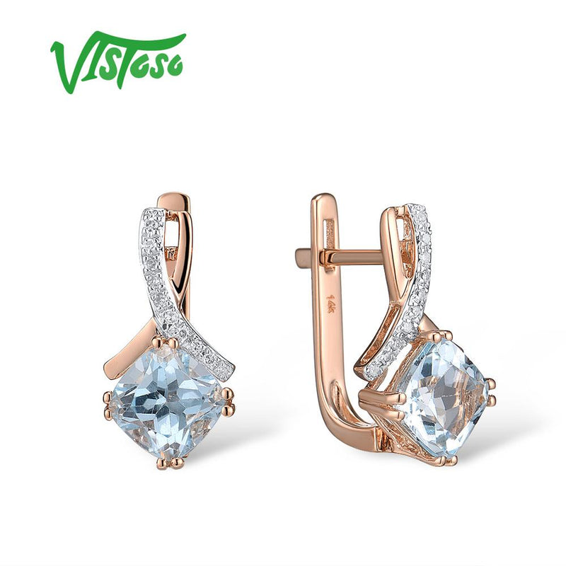 VISTOSO Genuine 14K 585 Rose Gold Radiant Garnet/ Blue Topaz Sparkling Diamond Earrings