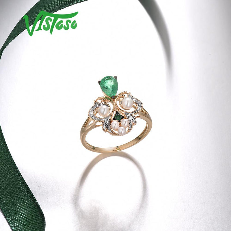 14K Yellow Gold Emerald Fresh Water Pearl Diamond Ring for Women