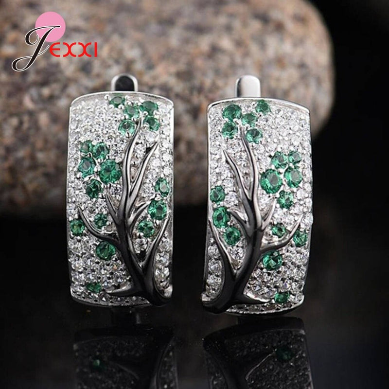 Ethnic 925 Sterling Silver Cubic Zirconia Tree Hoop Earrings