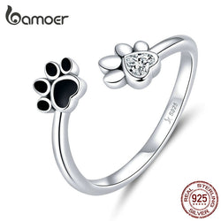 925 Sterling Silver Black Zircon Dog Paw Open Ring for Women