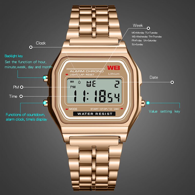 The Classic Square LED Electronic Watches Alloy Women Watch Multi-function