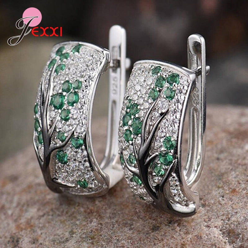 Ethnic 925 Sterling Silver Cubic Zirconia Tree Hoop Earrings