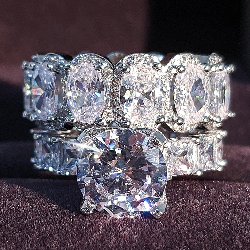 Luxury 925 Sterling Silver Oval Princess Cut Zirconia Rings Set