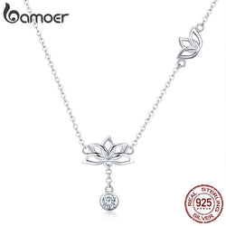 BAMOER Elegant 925 Sterling Silver Lotus Flower Pendant Necklaces for Women Clear Cubic Zircon Necklaces Jewelry BSN012