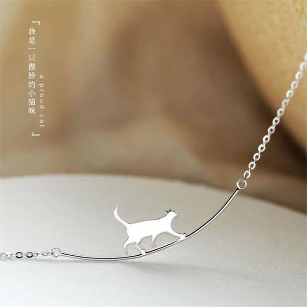 Cute Walking Cat Chain Necklace 925 Sterling Silver