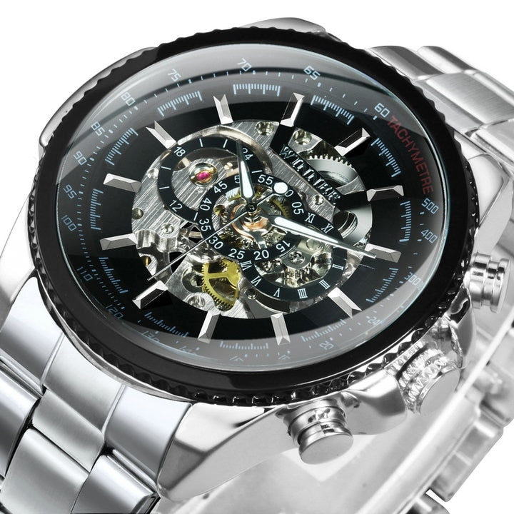 Silver-tone Stainless Steel Skeleton Automatic Watch for Men