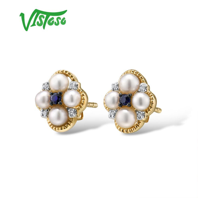 14K Yellow Gold Blue Sapphire & Freshwater Pearl Diamond Earrings for Women