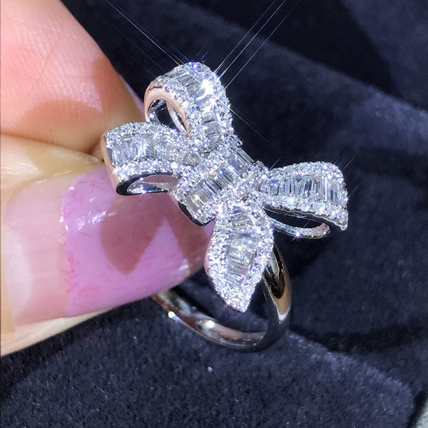 Elegant S925 Sterling Silver Color Bowknot Zircon Stone Ring