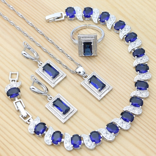 Sterling Silver Blue Cubic Zirconia Square Earrings Pendant Necklace Chain Open Ring Bracelet Set for Women