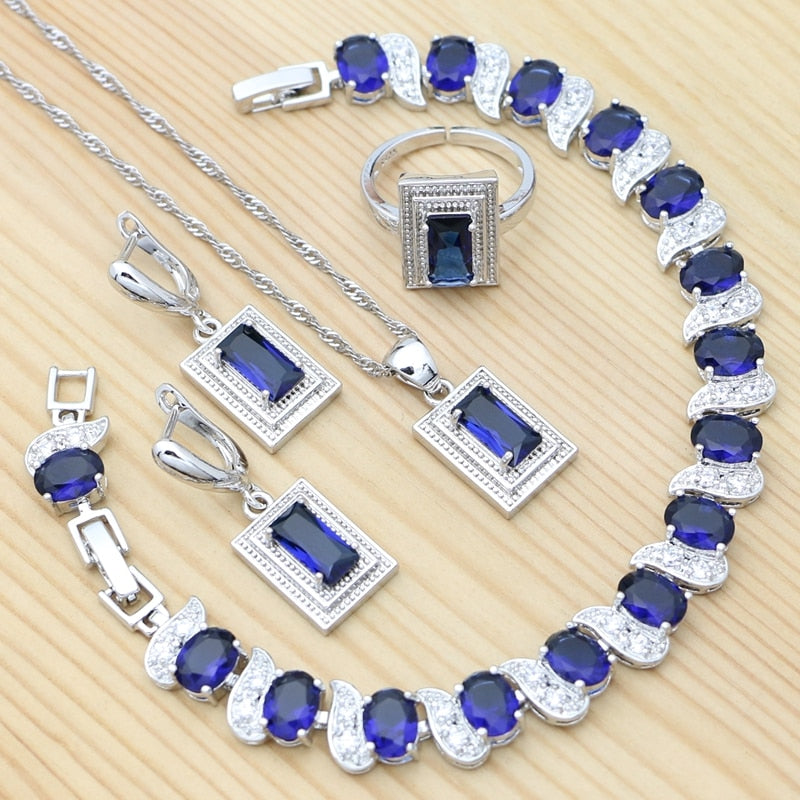 Sterling Silver Blue Cubic Zirconia Square Earrings Pendant Necklace Chain Open Ring Bracelet Set for Women