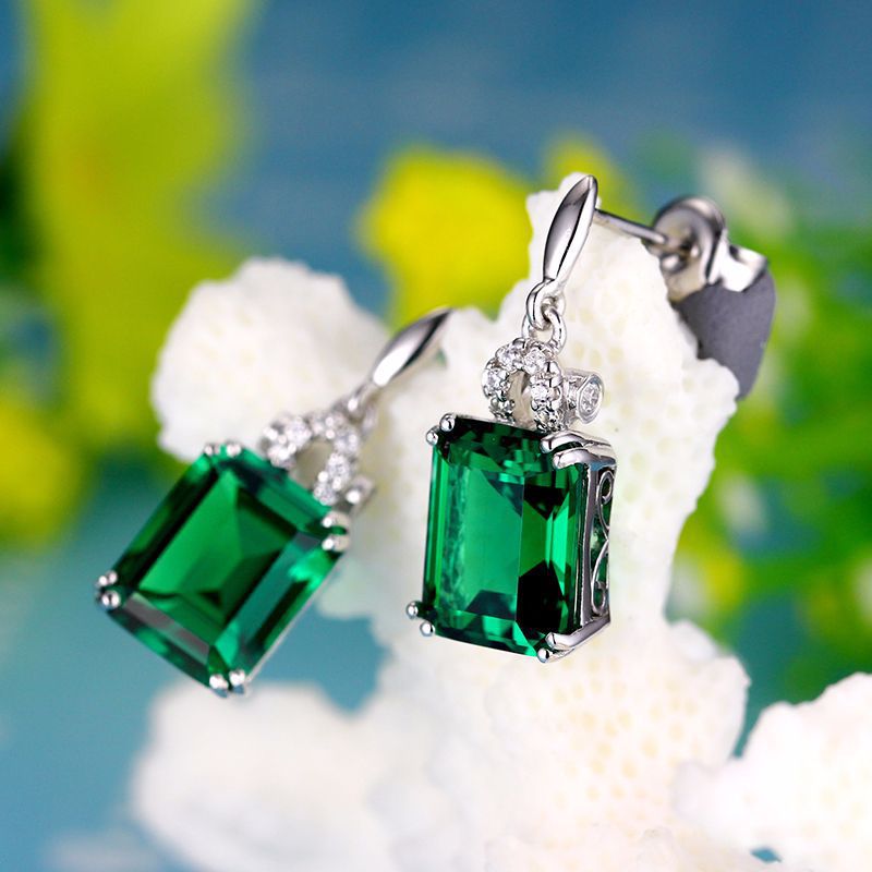 JoiasHome 925 Sterling Silver Vintage Square cut Green Emerald Gemstones Earrings