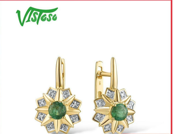 14K Yellow Gold Emerald and Diamond Dangling Earrings for Women