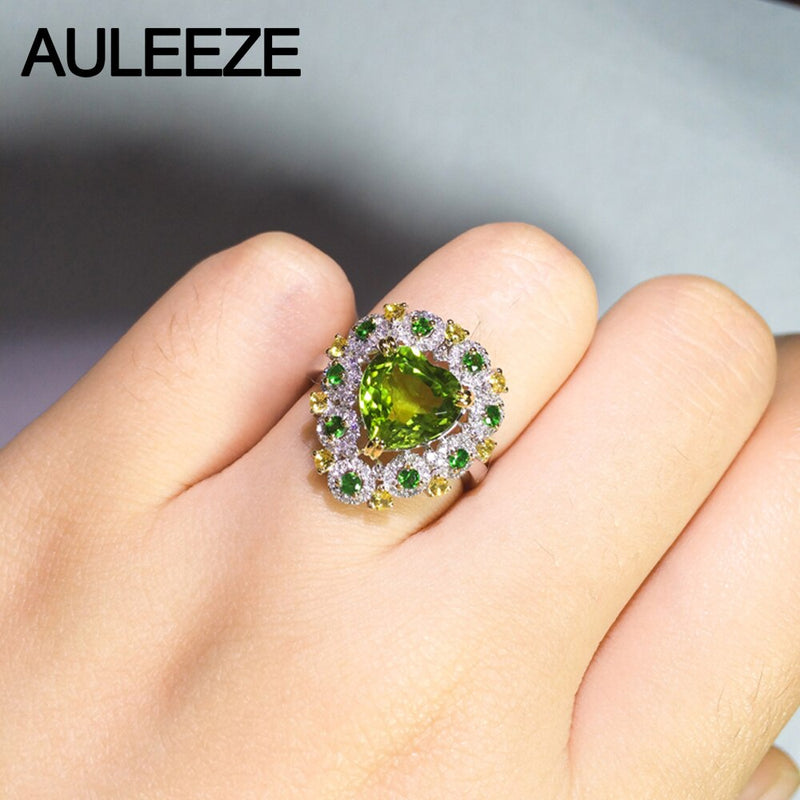 AULEEZE Real 18K White Gold Luxury Green Peridot Diamond Ring