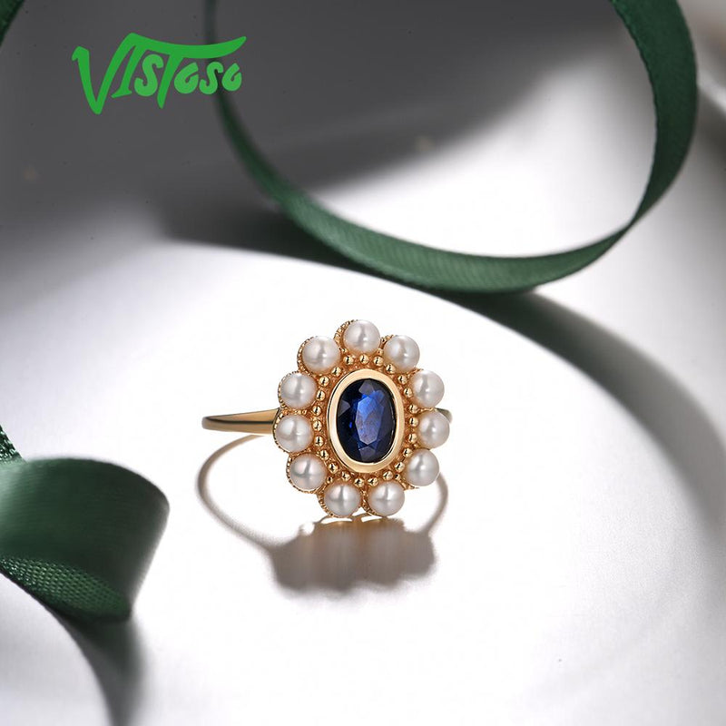 14K Yellow Gold Blue Sapphire and Freshwater Pearl Ring for Women