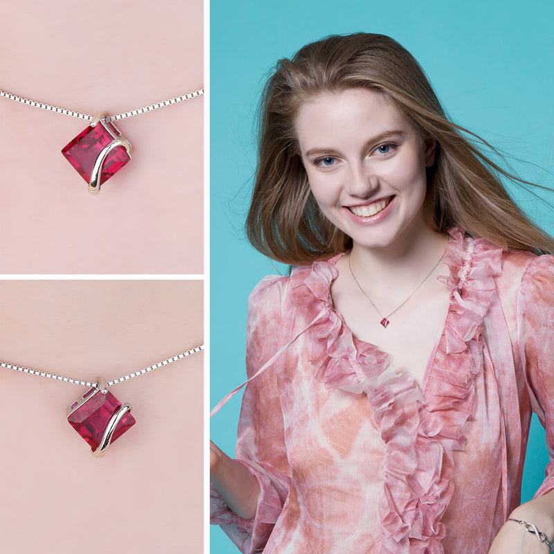 925 Sterling Silver Created Red Ruby Square Pendant Necklace Choker For Women