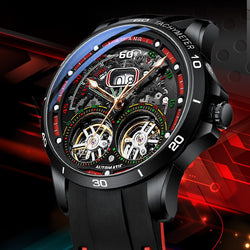 Stainless Steel Silicone double tourbillon watch automatic hollow machine luminous waterpro watch for men