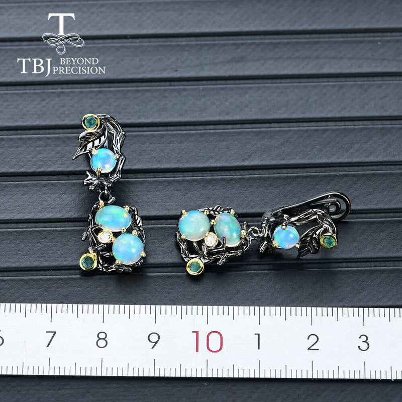 TBJ 925 Sterling Silver Vintage Tree\ Design Multi-Color Opal Ring & Earrings Jewelry Set\""