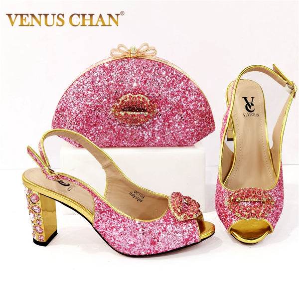 Rhinestone decorated pink shoes and bags set for women