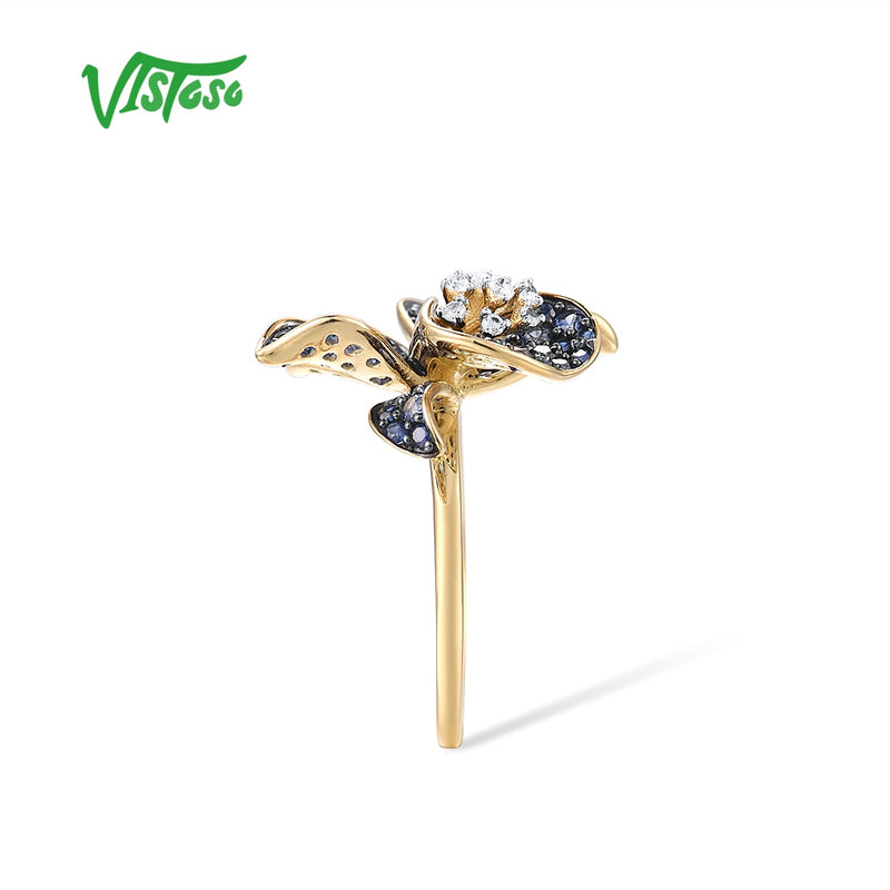 9K Yellow Gold Flower Ring with Lab Created Sapphire and White Topaz for Ladies