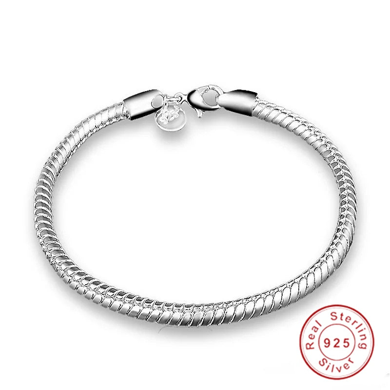 Original 925 Sterling Silver Snake Chain Secure Heart Clasp Bead Charm Bracelet