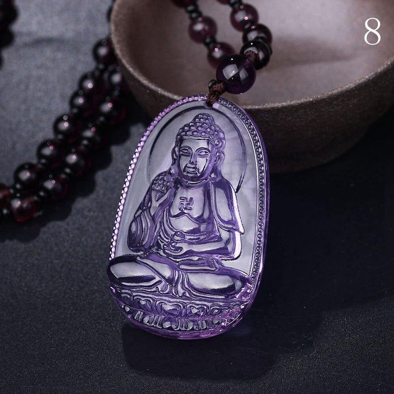 Natural Amethyst Buddha-Guardian Pendant Bead Chain Necklace