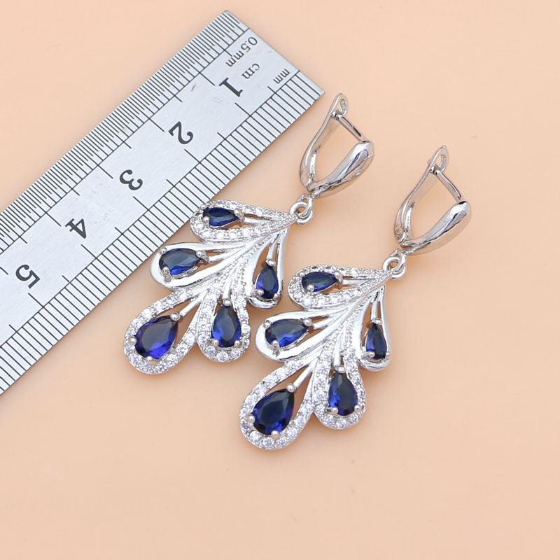 Sterling Silver Blue Sapphire and White Crystal Leaf Jewelry Set for Women