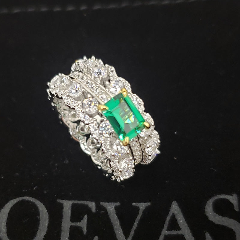 OEVAS 100% 925 Sterling Silver 5*7mm Emerald 10mm Full High Carbon Diamond Bridal Rings Sparkling Wedding Party Fine Jewelry