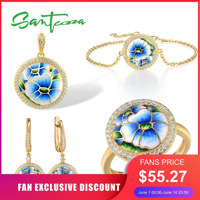 SANTUZZA 925 Sterling Silver Blue Orchid Enamel Earrings Ring Pendant & Bracelet Jewelry Set