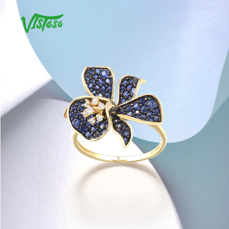 9K Yellow Gold Flower Ring with Lab Created Sapphire and White Topaz for Ladies