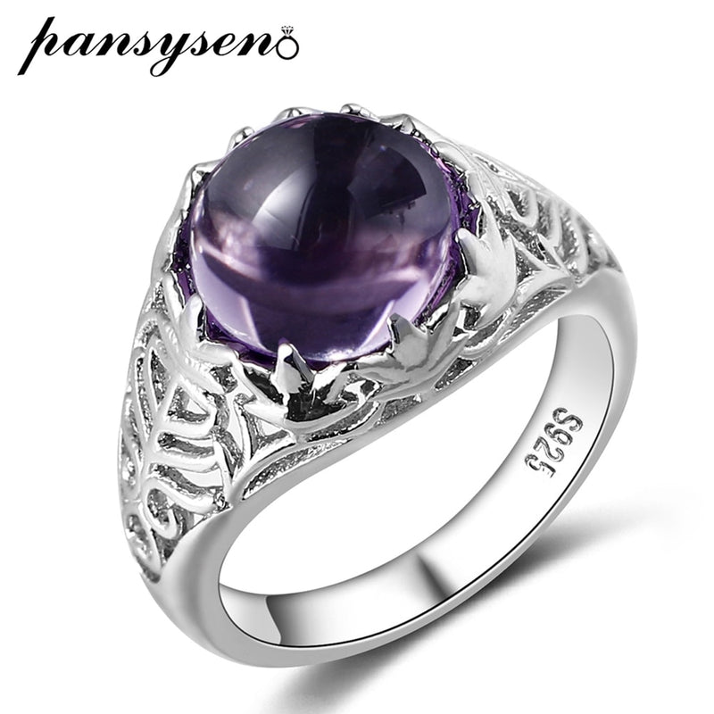 PANSYSEN Vintage Style Round Purple Amethyst Ring 925 Sterling Silver