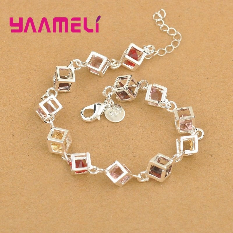 Sweet Valentines Gifts Shining 925 Sterling Silver Multicolor Cubic Zircon Stone Heart Charms Women Ladies Bracelet HOT