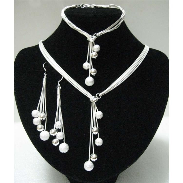 Sterling Silver Five-Wire Beads Necklace Bracelet Earring Set for Ladies