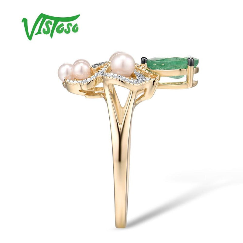 14K Yellow Gold Emerald Fresh Water Pearl Diamond Ring for Women