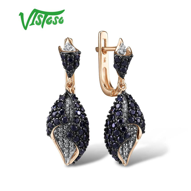 VISTOSO Genuine 14K 585 Rose White Gold Sparkling Diamond Blue Sapphire Drop Earrings