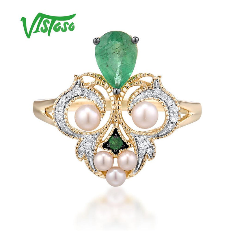 14K Yellow Gold Emerald Fresh Water Pearl Diamond Ring for Women