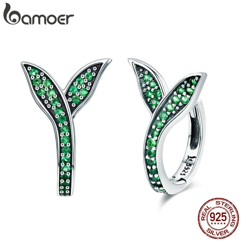 BAMOER 925 Sterling Silver Spring Collection Flower Buds Green CZ Hoop Earrings for Women Sterling Silver Jewelry SCE295