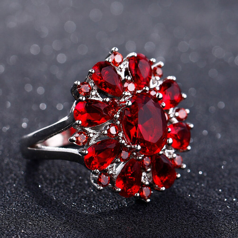 Bague Ringen Top Brand Dark Red Ruby Gemstone Flower Shape Ring 925 Sterling Silver