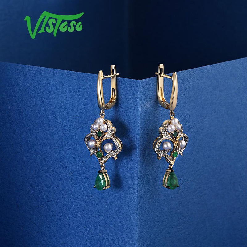 14K Yellow Gold Emerald and Freshwater Pearl Diamond Earrings for Women