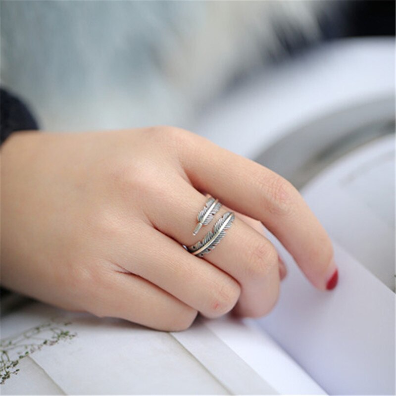 Vintage Design 925 Sterling Silver Adjustable Feather Ring