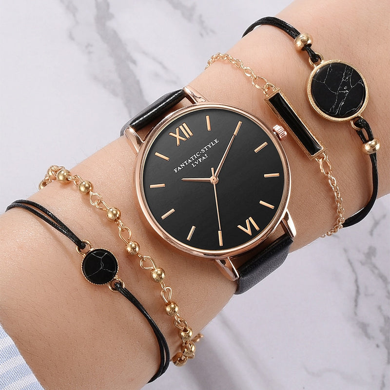 5pcs/Set Luxury Quartz Wristwatch & Leather Bracelets for Women