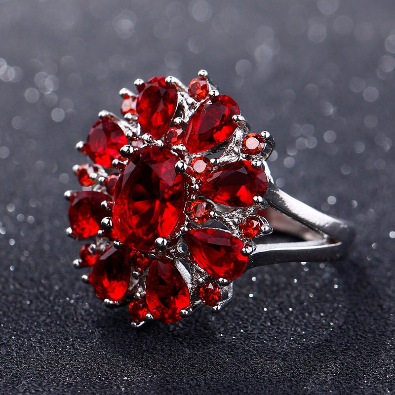 Bague Ringen Top Brand Dark Red Ruby Gemstone Flower Shape Ring 925 Sterling Silver