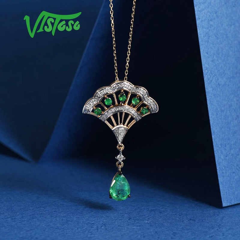 14K Yellow Gold Emerald Diamond Pendant for Her