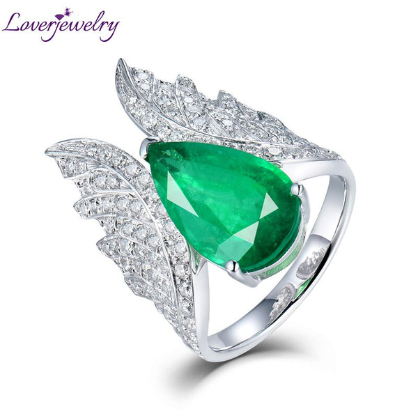 White Gold Heart Cut Emerald & Diamond Angel Wings Ring for Women