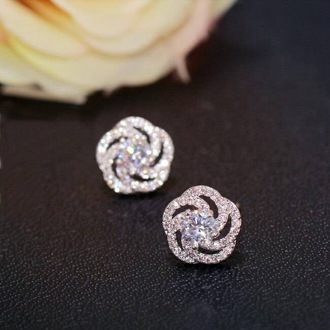 New Arrival Jewelry 925 Sterling Silver Twist Stackable Rose Flower Zircon Crystal Stud Earrings for Women Girl Pendientes