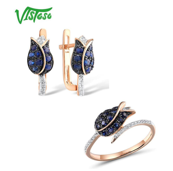 14K Rose Gold Blue Sapphire Diamond Tulip Earrings & Ring Set for Her