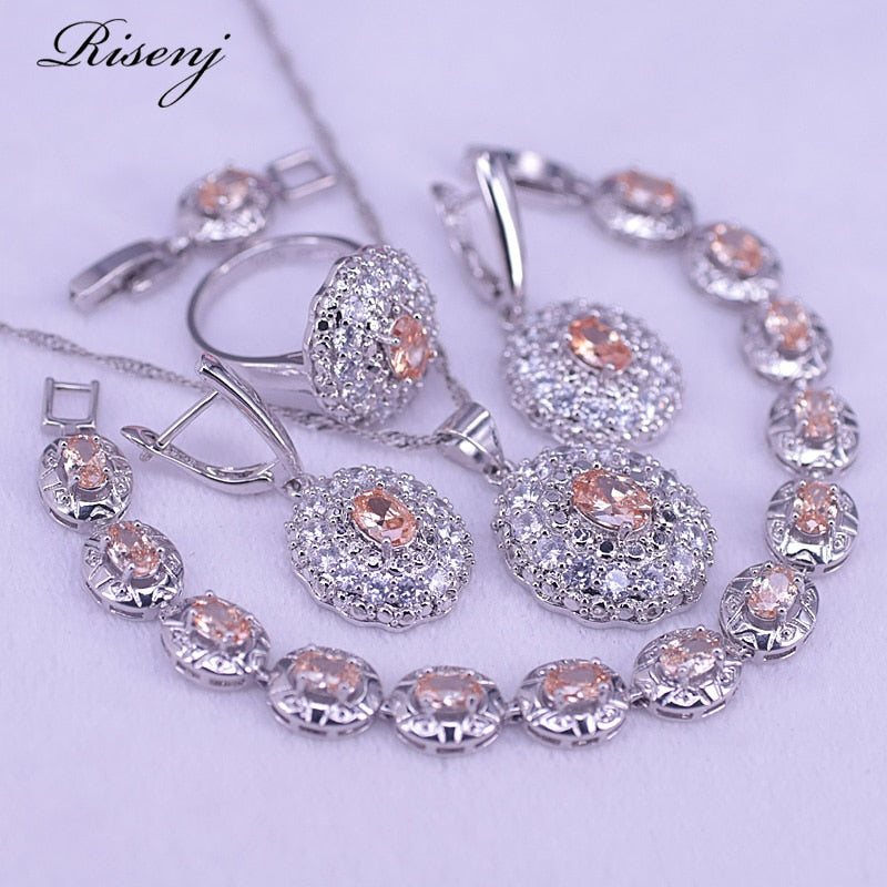 Sterling Silver Champagne Zircon & Crystal Bridal Jewelry Set For Women